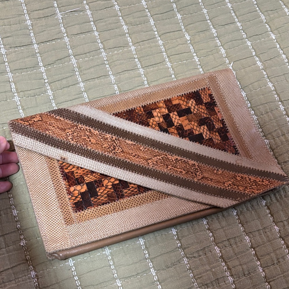 Varon vintage reptile snakeskin pattern Beige & Copper Embellished Clutch Wallet